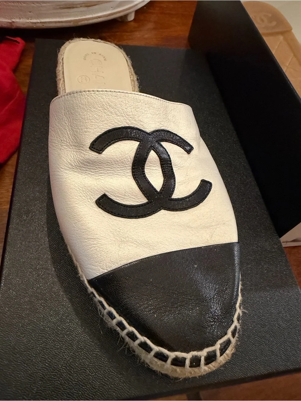 Chanel CC Lambskin Espadrille Mule Slides Ivory/Black